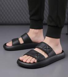 Sandalias Hombre Doble Correa EVA Punta Abierta Sin Cordones Suela Gruesa Estilo Minimalista Verano Casa Playa Piscina - Negro - Ver 2