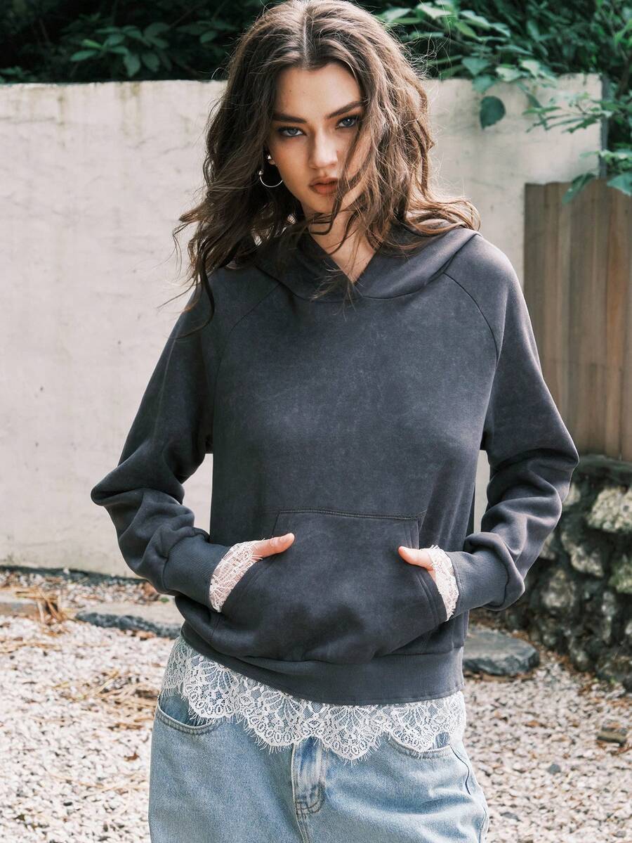 Airlisse Casual Elegant Commuter Daily Contrast Lace Sweatshirt, Autumn/Winter - Grey - View 1