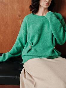 Franclia Women's Autumn/Winter Christmas Green Solid Color Gold And Green,Autumn,Casual,Holiday Loose Long Sleeve Side Button Round Neck Wool Knitted Sweater - Green - View 7