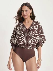 CAJUNI Women's Vacation Plant Print Front Tie Batwing Sleeve Casual Bodysuit - Brown - View 6