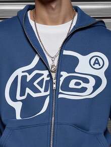 Manfinity Dauomo Men's Y2K Baseball Jacket Hoodie, Street Fashion Letter Print Short Sporty Hoodie - Blue - View 4