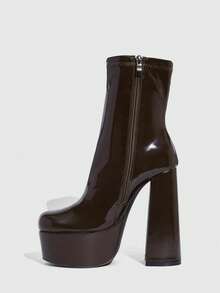 CUCCOO SZL Giày bốt cổ ngắn màu cà phê, mũi vuông, gót dày, chống thấm nước, đế platform, co giãn, thời trang tối giản dành cho nữ, thích hợp cho tiệc tùng, liên hoan và các buổi họp mặt dịp Giáng sinh. - Cà phê nâu - Xem 6