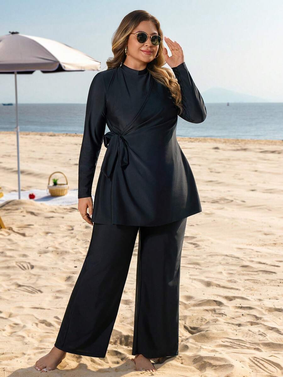 Swim Mulvari Plus Size Women 2pcs Solid Color Side Tie Waist Loose Pants & Modest Swimsuit Set, Slimming & Concealing, Sun Protection, Vacation - Black - View 1