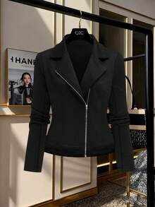 EMERY ROSE Plus Size Stylish Casual Lapel NeckZip-Up Jacket For Women - Black - View 3