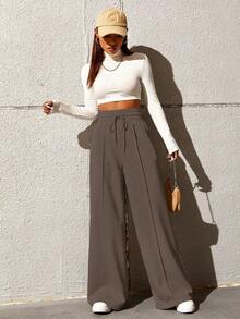 SHEIN EZwear Drawstring Waist Wide Leg Sweatpants Graduation,Back To School Outfits,Graduation,Teacher Outfits For Women,Back To School