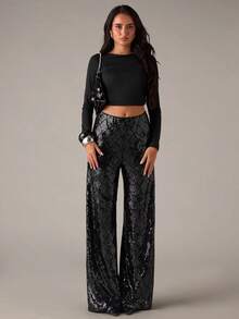 SHEIN BAE Women's Fashionable Party Sequin Wide Leg Pants - Black - View 1