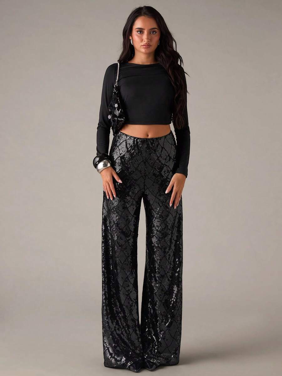SHEIN BAE Women's Fashionable Party Sequin Wide Leg Pants - Black - View 1