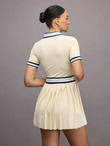 Activina Women's Striped Polo Collar Short Sleeve Pleated Hem Sports Dress With Shorts