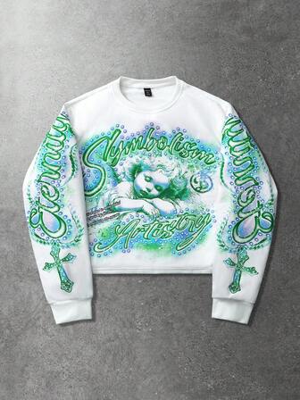 Street Life Felpa girocollo a maniche lunghe con stampa alla moda, taglie comode per donne