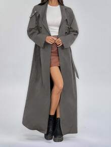 SHEIN Tall Impermeabile lungo e monocolore a doppio petto con maniche lunghe, adatto per l'autunno/inverno - Grigio - Visualizzare 1