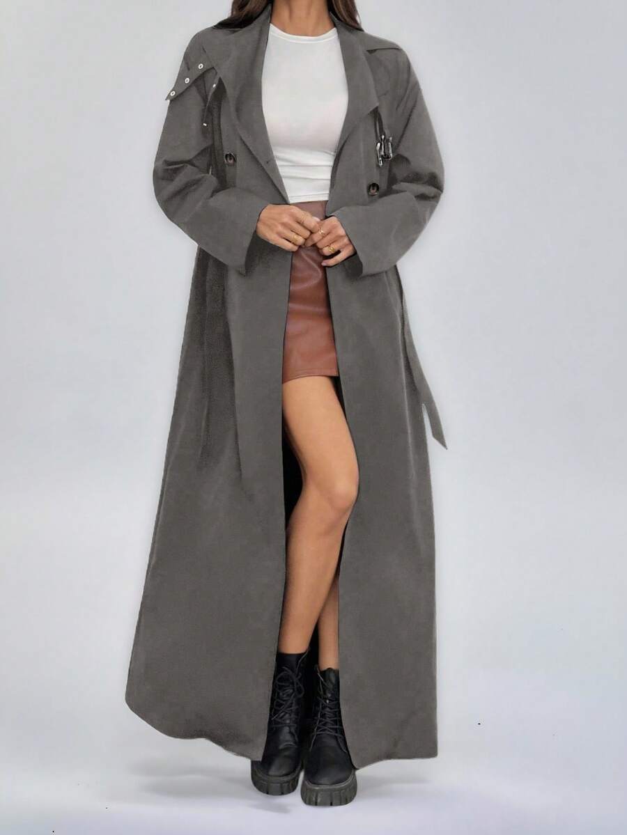 SHEIN Tall Impermeabile lungo e monocolore a doppio petto con maniche lunghe, adatto per l'autunno/inverno - Grigio - Visualizzare 1