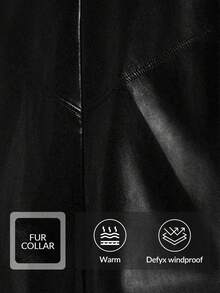 Anewsta Black Glossy Fitted Long Coat With Detachable Fur Collar, Belted, Fashion New Style For Autumn, Winter