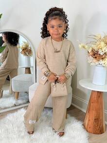 SHEIN NovaGlow Mädchen Lässig Strick Grau Langarm Top und Hose mit Gummibund Set, Herbst/Winter