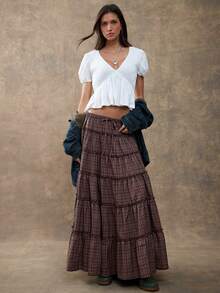 WESTFADE 高腰抽绳层叠荷叶边A字格子长裙，适合秋季、冬季穿着，风格包括波西米亚风、休闲风、可爱风、棕色系、西部风、乡村风、假日风和感恩节风。 - 咖啡棕 - 查看 4