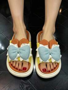 Pantufla para mujer con moño decorativo, frente redondo, plantilla tejida, suela suave antideslizante, estilo acogedor para casa y descanso - Azul - Ver 2