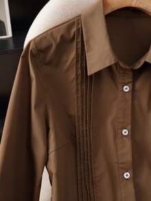 Seusyu Elegant Commuter Collared Pleated Long Sleeve Loose Blouse For Women, Spring/Autumn - Brown - View 10