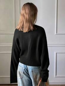 DAZY 秋冬女士纯色宽松短款圆领休闲街头风格毛衣 - 黑色 - 查看 2