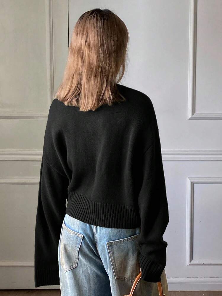 Solid Color Loose Short Crew Neck Casual Street Style Sweater For Women, Autumn/Winter