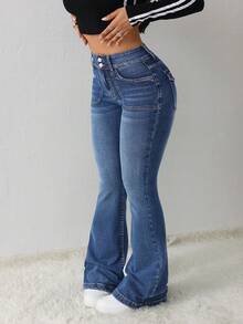 SHEIN Tall 女士牛仔裤 休闲紧身弹力喇叭牛仔裤 - 中等水洗藍 - 查看 3