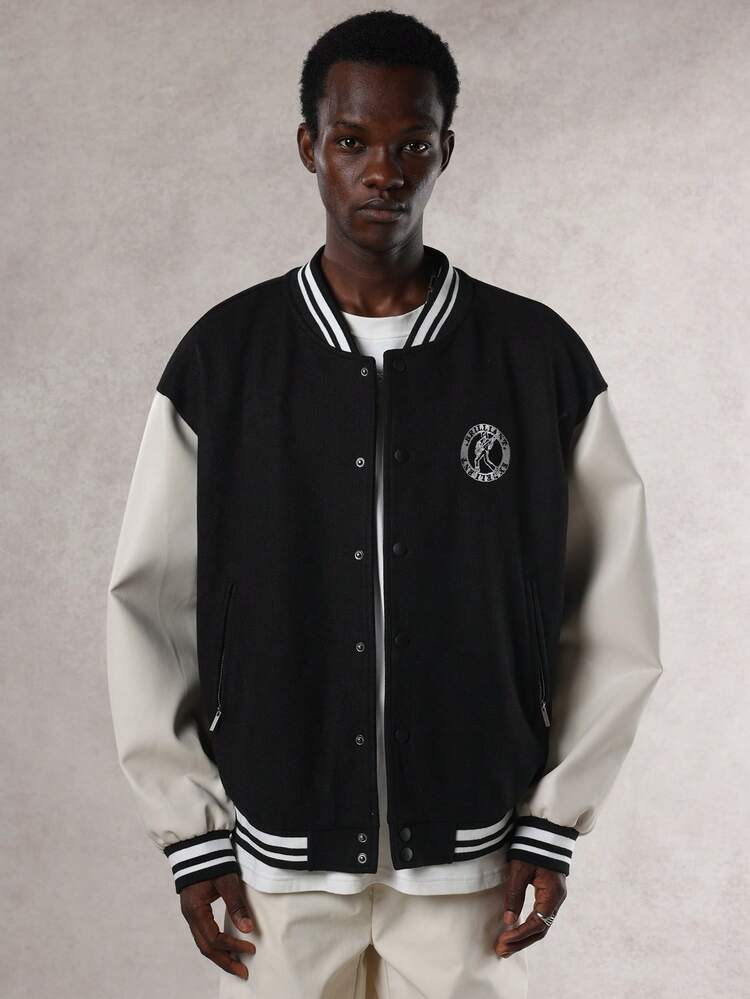 Men's Jacket With Letter Embroidery Patchwork Contrast Color Design, Street Style, Autumn