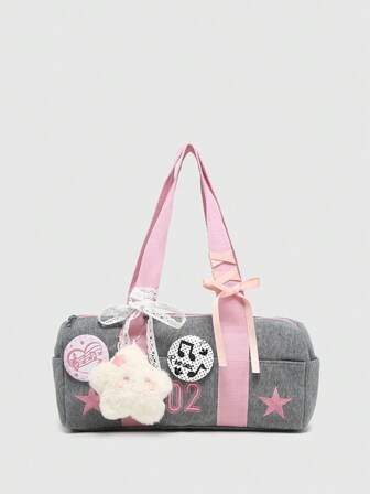 Kawaii Sac à épaule Boston multi-poches avec nœud papillon rétro et décor en forme de cœur, pour femmes et école
