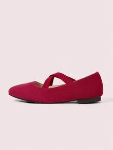 CUCCOO DOLLMOD Women's Burgundy Suede Retro Elegant Simple Criss-Cross Elastic Band Slip-On Soft Bottom Flat Mary Jane Ballet Flats - Burgundy - View 2