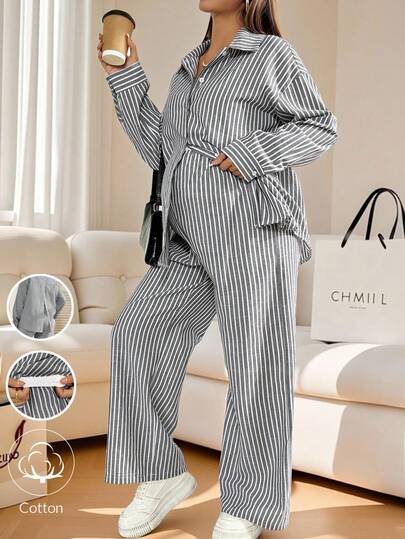 SHEIN 2 件孕妇休闲通勤条纹印花落肩宽松长袖衬衫和阔腿裤套装，春秋