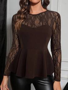 Gownix 女士优雅派对蕾丝拼布腰部 T 恤 - 棕色 - 查看 5
