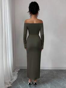 Elenzga Black & White Contrast Design Shoulder Cut-Out Off Shoulder Long Sleeve Dress, Suitable For Birthday Party, Date, Versatile - Army Green - View 2