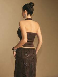 Poéselle 女式低胸亮片设计性感短款露背衬衫