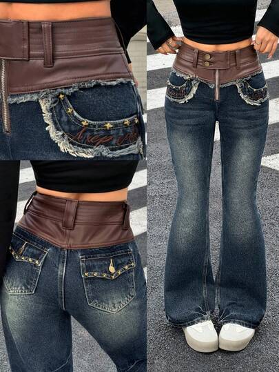 Rivivi Damen Retro nostalgische Maillard-Stil Patchwork PU-Leder bestickte Straight-Leg Jeans