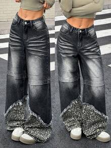 Rivivi Women's Y2K Maillard Style Washed Denim Patchwork Leopard Print Wide Leg Straight Jeans - Grey - View 1