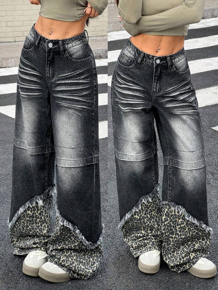Rivivi Women's Y2K Maillard Style Washed Denim Patchwork Leopard Print Wide Leg Straight Jeans - Grey - View 1