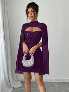 Elenzga 女式优雅派对风格亮片拼接立领斗篷袖修身迷你连衣裙 - 紫色 - 查看 3
