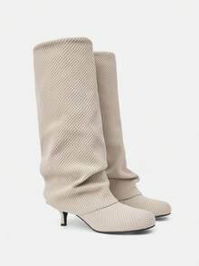 Daringsoles 女式圆头细跟针织过膝长靴 - 杏色 - 查看 1