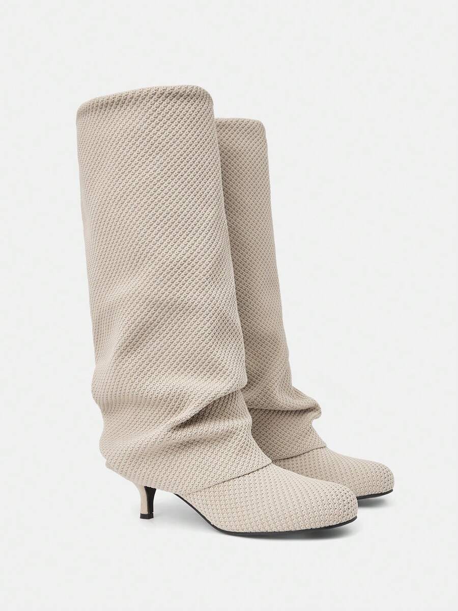 Daringsoles 女式圆头细跟针织过膝长靴 - 杏色 - 查看 1