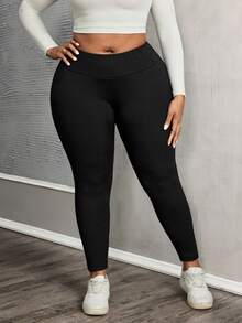 SHEIN PETITE CURVE 大码女式纯色高腰休闲保暖内衬打底裤，适合秋冬季 - 黑色 - 查看 7