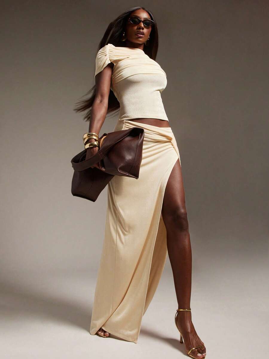 Hauture Sexy High Slit Maxi Skirt – Slinky Jersey Fold Over Skirt For Night Out, Party & Going Out - Apricot - View 1