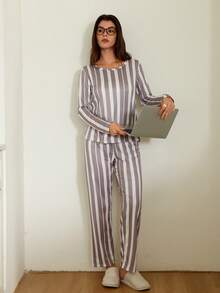 SHEIN 2件套美式休闲条纹印花长袖上衣和裤子女士睡衣套装，冬季服装 - 彩色 - 查看 4