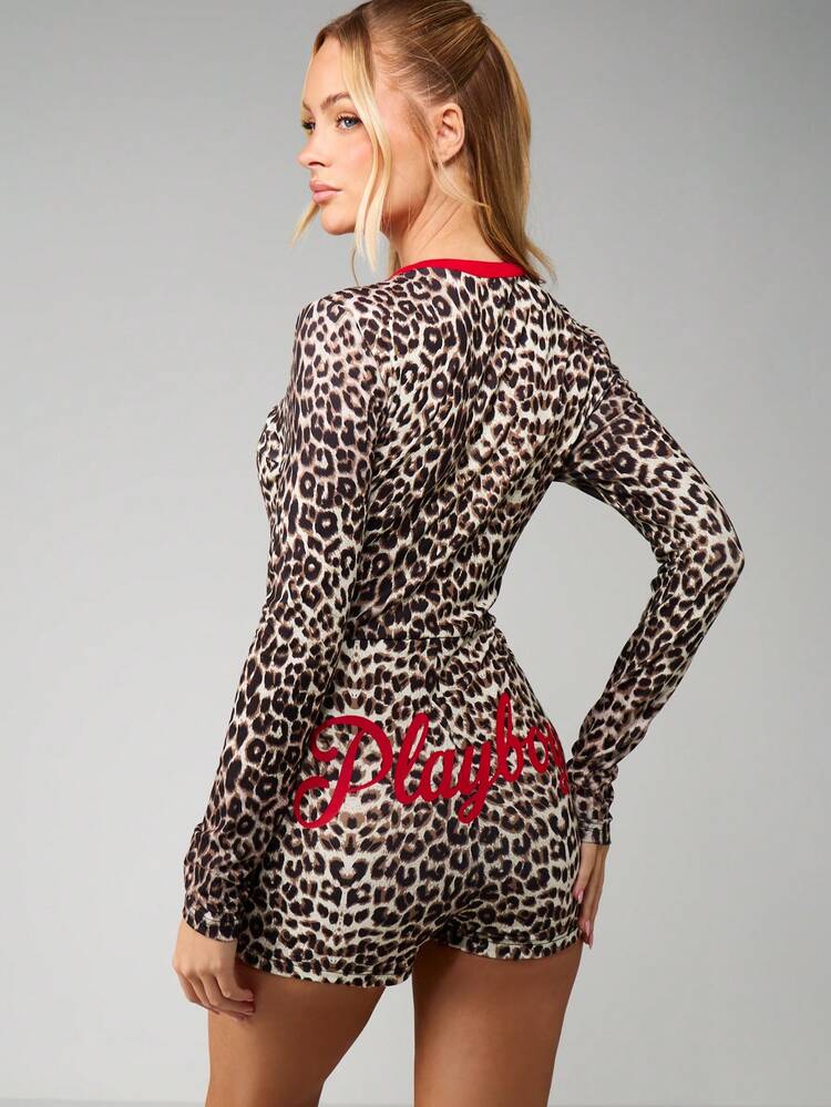 Missguided x Playboy Christmas Leopard Print Button Down Long Sleeve Romper With Red Trim