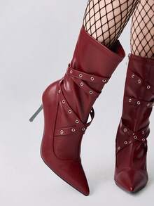 ROMWE Grunge Punk 2025 New Stylish Burgundy Pointed Toe High Heel Boots, Fashionable And Warm