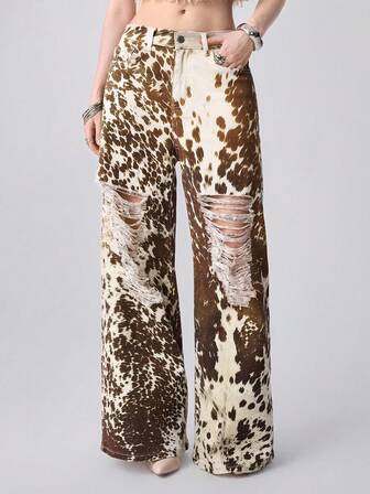 J-Fashion Y2K Retro Kuhflecken-Waschung Weite Loose Fit Jeans für Frauen