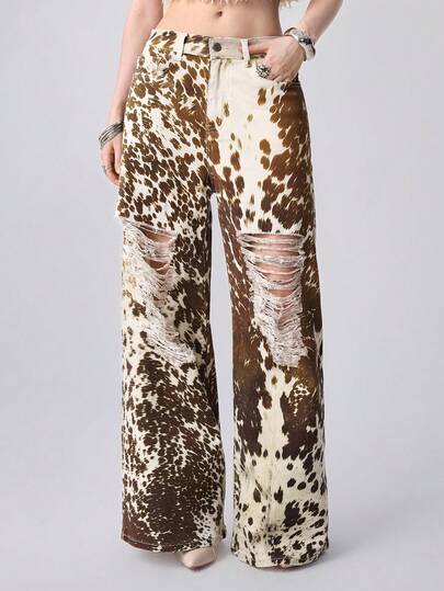 J-Fashion Y2K Retro Cow Print Washed Loose Wide Leg Jeans For Women