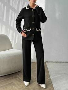 EURMUSE Pocket Cardigan Polo Neck Pant Knit Set - Black - View 5