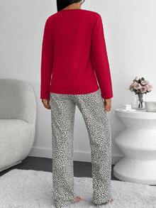 EURMUSE Cotton Women 2 Pcs Lips&Leopard Printed Long Sleeved Shirt&Leopard Pattern Sleep Bottoms Set - Red - View 2
