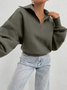 EURMUSE 100% Cotton Collar With Zipper Pattern Oversize Sweatshirt - Army Green - View 3