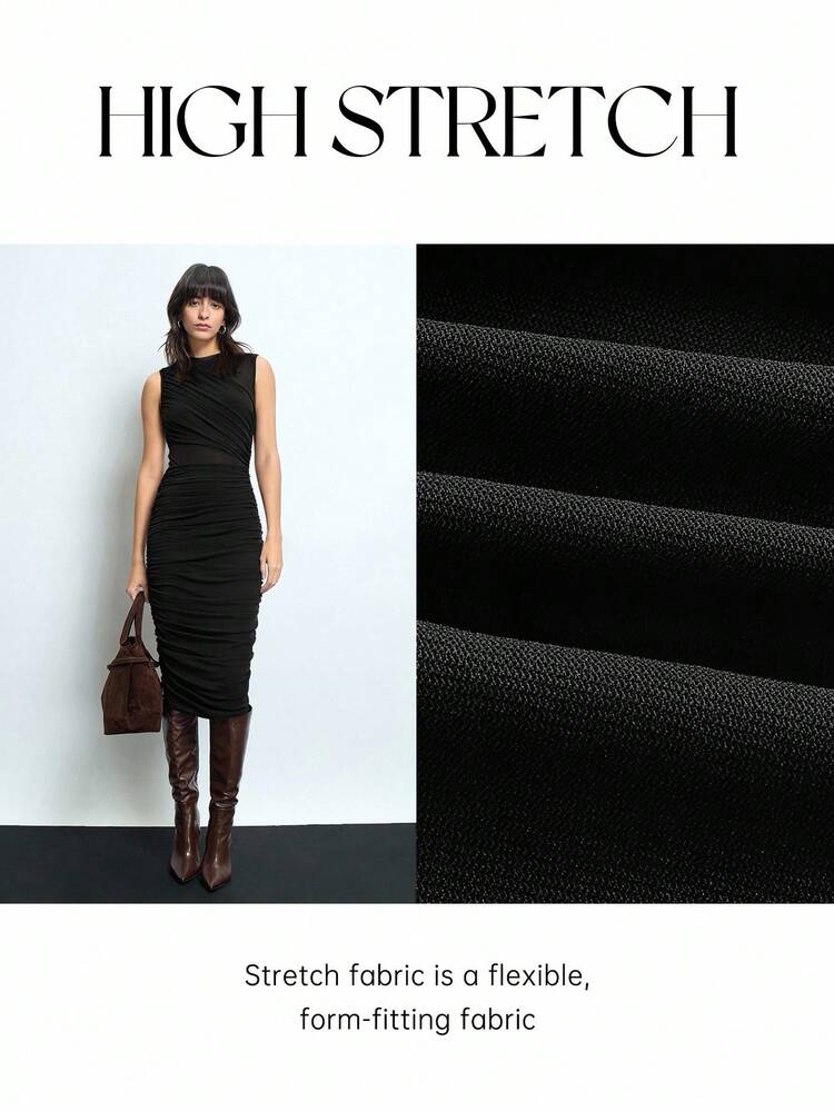 SHEIN Maija Women's Solid Color Pleated Sleeveless Midi Dress, Minimalist And Elegant, Blending Elegant And Retro Elements, Suitable For Urban Commuting, Business Casual And Office Wear. Whether It Is A New Year's Party Or A Daily Gathering, This Black Dress Can Showcase A Woman's Refined Style And Fashionable Taste, Making It A Versatile And Preferred Choice For Multiple Occasions.