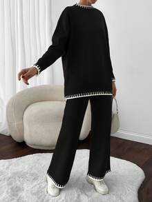 SHEIN Damski sweter z wysokim kołnierzem i spodnie swetrowe w rozmiarze oversize, 2 sztuki, komplety dwuczęściowe - Czarne - Zobacz 4