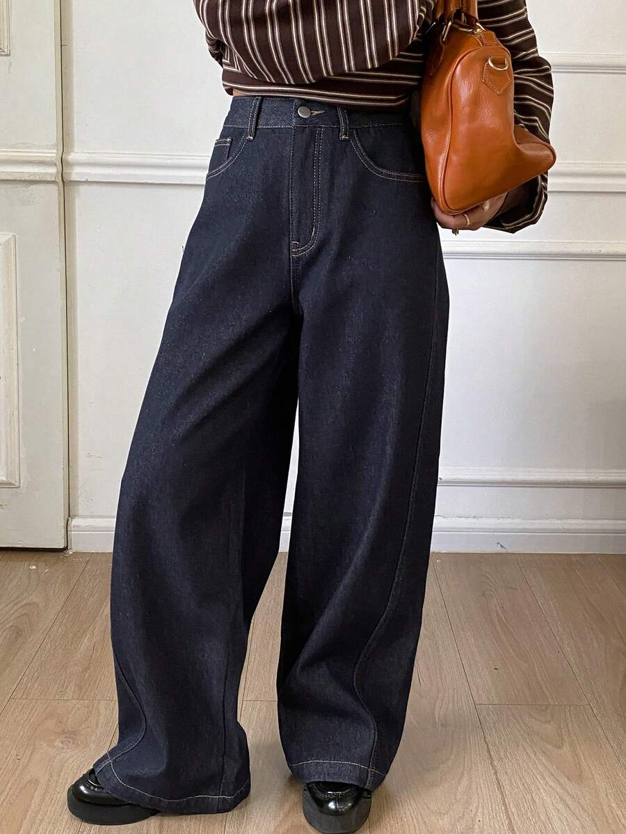 Livesso Jeans droits amples et décontractés pour femmes, style casual chic, convient pour l'automne et l'hiver - Bleu azur - Voir 1