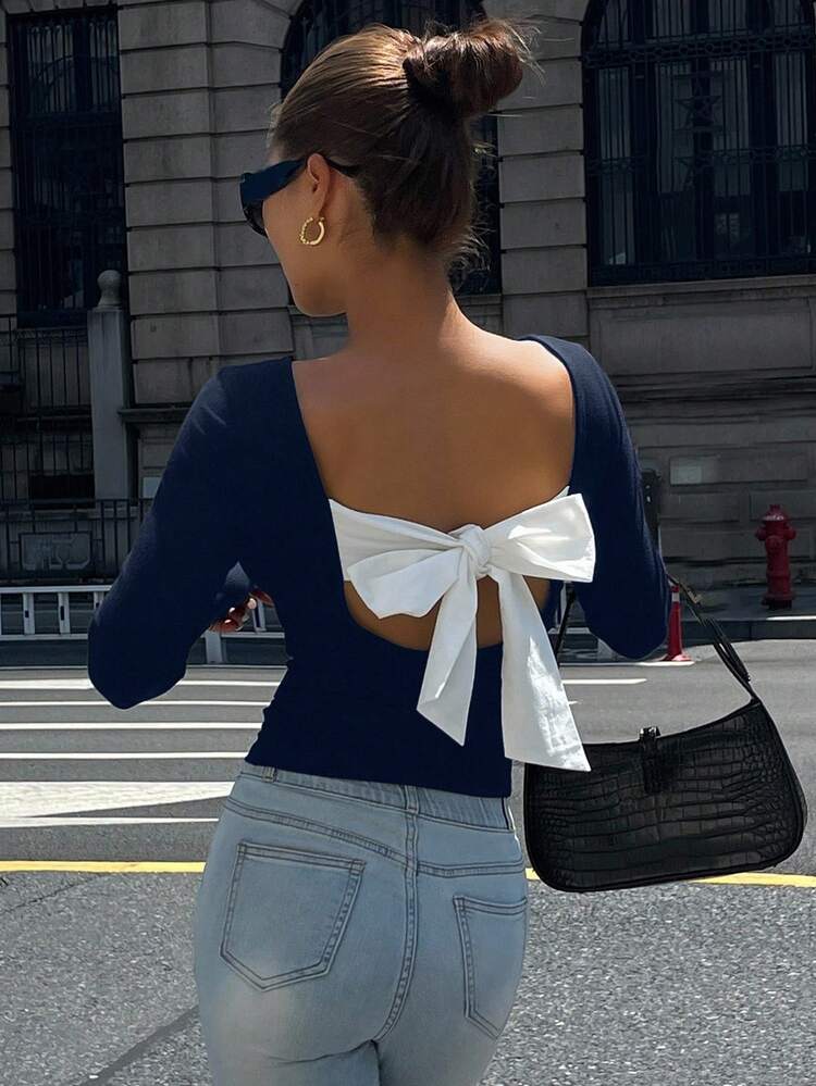 Sexy Fitted Cropped Top With Backless Tie-Up Design, Color Block Long Sleeve T-Shirt For Women, Autumn